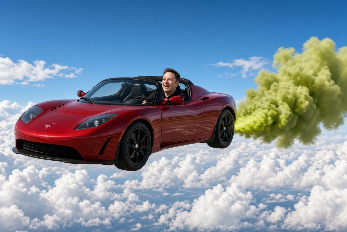 Elon In Flying Tesla Roadster logo